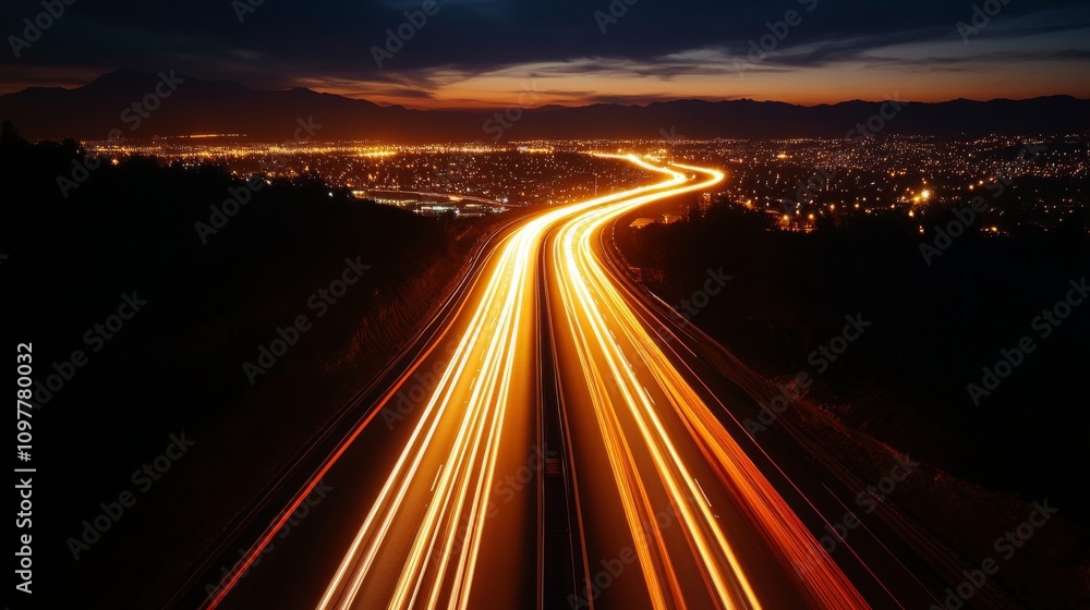 Poster capturing a mesmerizing long exposure shot of a highway at dusk, this image features glowing light t