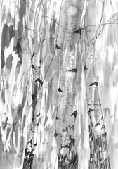 watercolor ink art, abstract trees, black and white illustration