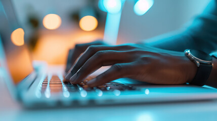 black man hand side view wearing a watch types on a laptop with a blue backlit keyboard bokeh glow light