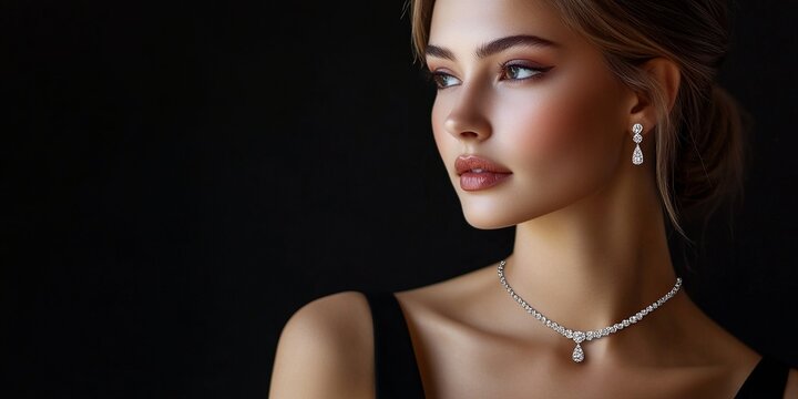 A beautiful woman model showing her diamond jewels, black background, jewelry banner store business