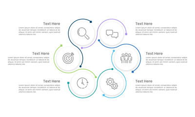Infographic Workflow 6 Processes to Business Success. Presentation, Framework, Strategy, Management and Development. Vector illustration.