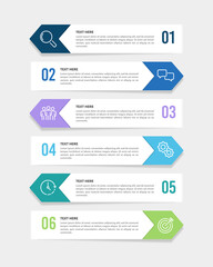 6 Options vertical colorful arrow infographic with numbers, icons and text. Presentation, Data, Report, Banner and Brochure. Vector illustration.