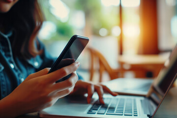 Fototapeta premium Close up of a woman using a laptop and a smartphone sunlight from window