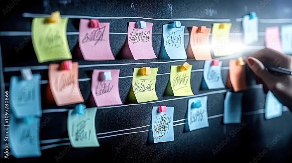 Poster project planning colorful sticky notes on a board agile methodology teamwork business