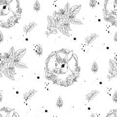 Hand-Drawn Bunny and Botanical Design. Elegant Easter Rabbit and Floral Wreath Pattern
