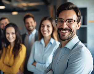Fototapeta premium outstanding business person post hand cross arm and smiling with teamwork background office background