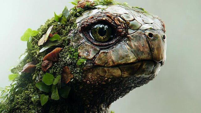 Lifelike Turtle with Moss and Leaves in Nature-Inspired Close-Up