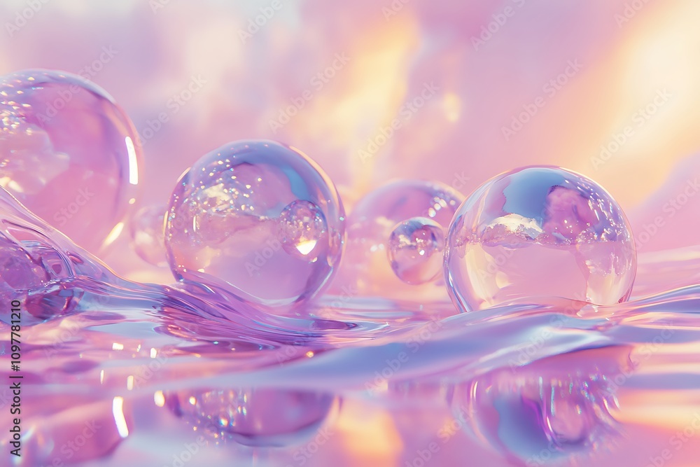 Aufkleber a serene composition of translucent bubbles floating on a reflective surface with a pastel backdrop.