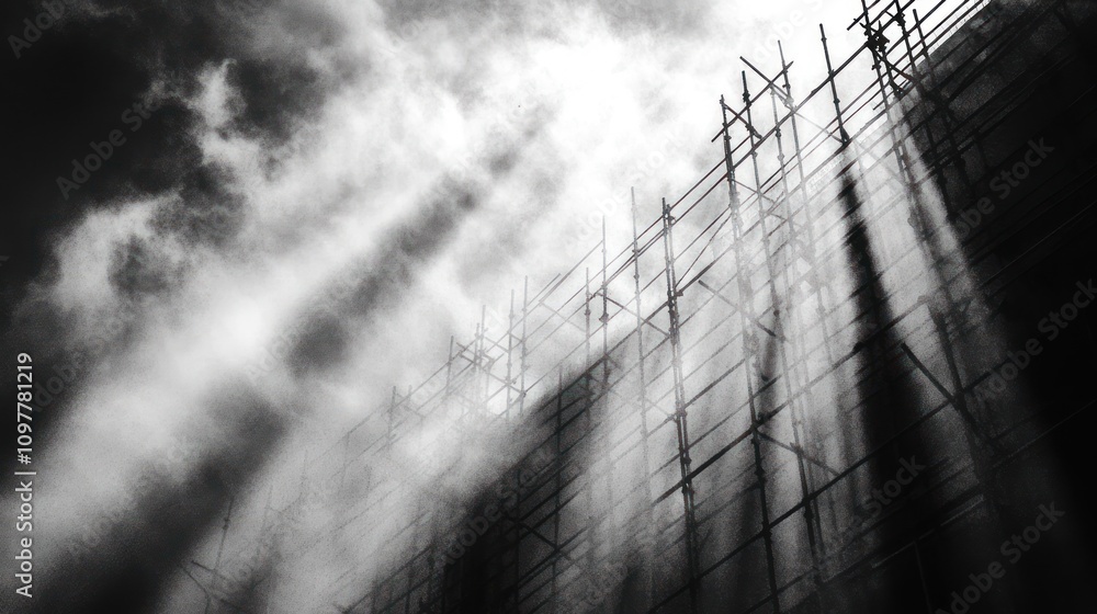 Poster building scaffolding under dramatic sky light