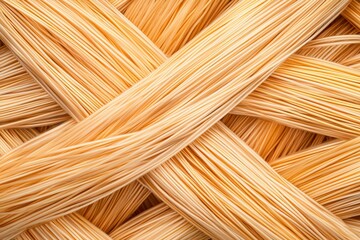 Fiber optic and reliability concept, A close-up view of intertwined strands of light-colored material, showcasing a textured and woven pattern.