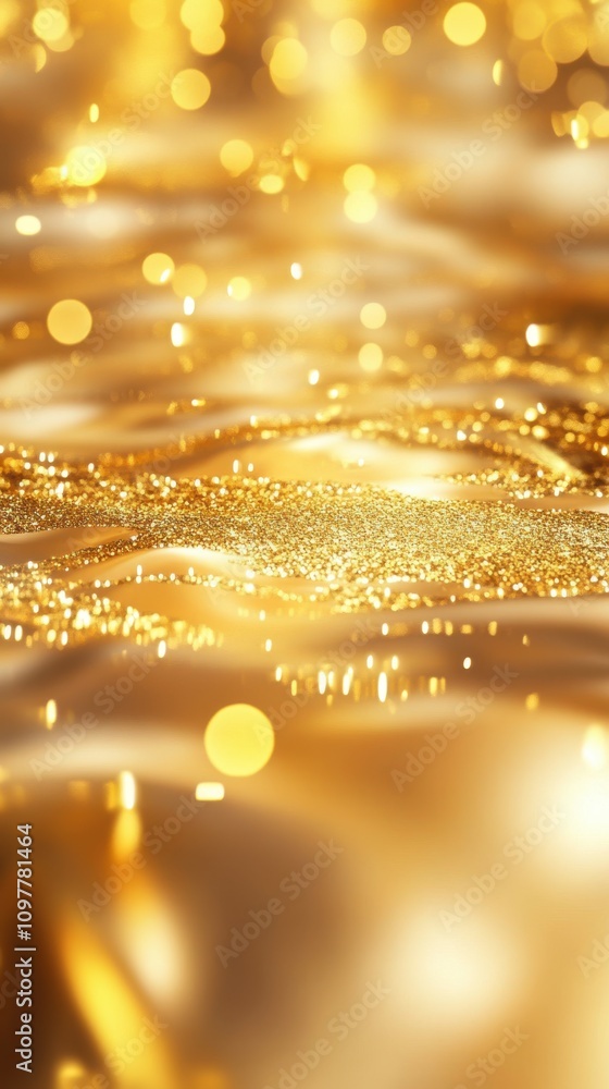 Poster a shimmering golden abstract background with sparkling bokeh effects and smooth, wavy textures.