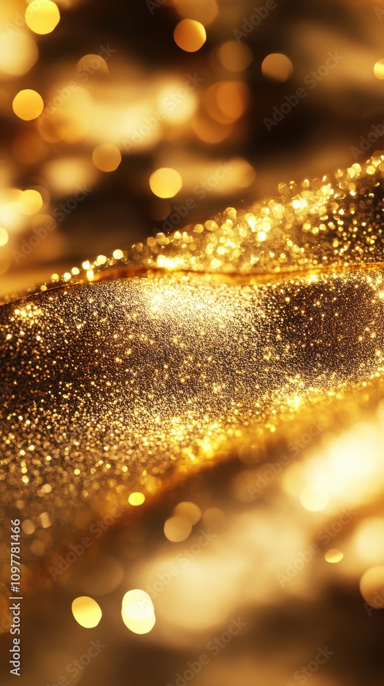 Poster glittering golden texture with shimmering bokeh effects, creating a luxurious and festive atmosphere