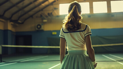A female tennis player preparing to return a serve on the court, representing focus and determination.