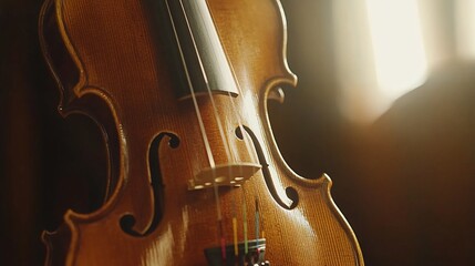 Close-up of a polished violin, illuminated by sunlight.