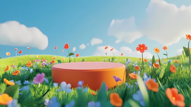 Cartoon prairie flowers outdoor landscape circular booth illustration poster background