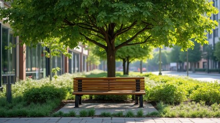 Wooden bench nestled under a lush tree in an urban park. Peaceful green space amidst the city