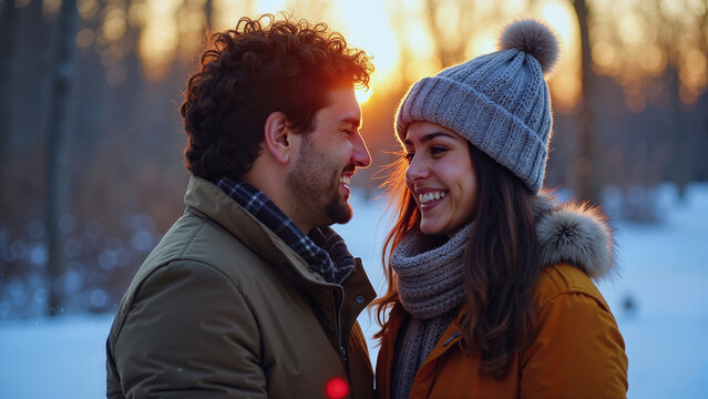 Winter proposal in the snow: Romantic winter moment of a couple smiling and embracing each other in a snowy forest, enjoying the warmth of their love during a beautiful sunset in the cold season.
