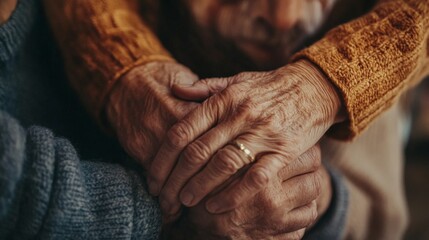 A tender close-up image of elderly hands holding onto each other, expressing warmth, support, and connection. This intimate moment highlights deep affection and companionship in later years.. AI