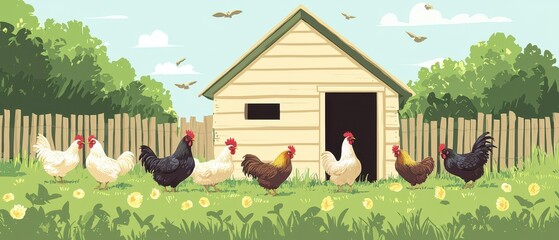 A vibrant farm scene featuring a variety of chickens roaming outside a quaint chicken coop, surrounded by green grass and a wooden fence.