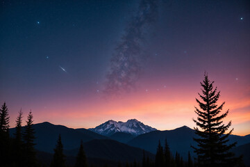 Obraz premium Mountain silhouette with trees on peaks, under a sunrise sky blending deep blue, orange, and pink; faint stars above, night turning to day