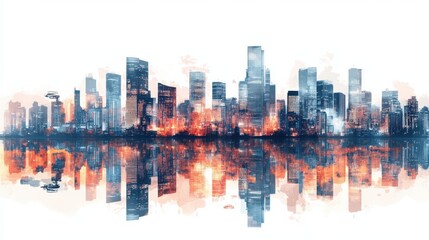Futuristic City Skyline at Sunset with Reflective Structures