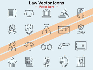 Icons representing law and justice themes in vector style