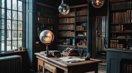 A Dark Study With Bookshelves And A Globe