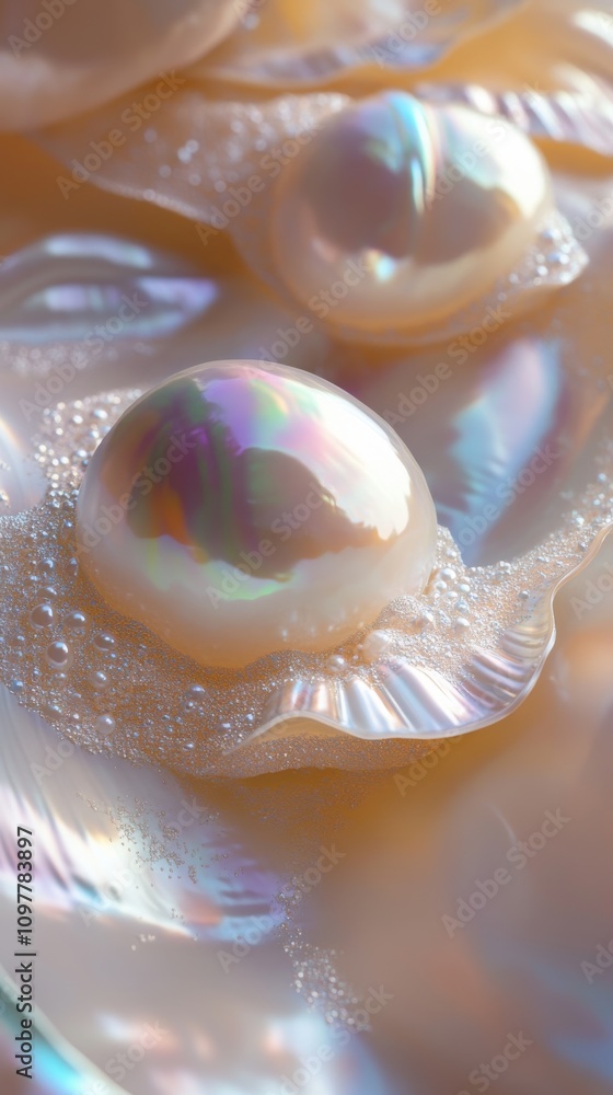 Poster close-up of iridescent pearls nestled in soft, shimmering sea shells with bubbles creating an enchan