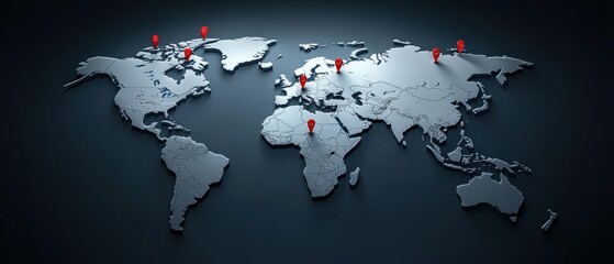 Metallic world map with red location markers	