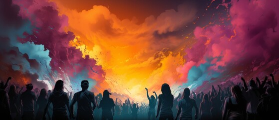 Fototapeta premium Vibrant Festival Crowd Silhouettes Against Colorful Sky Background