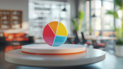 Fototapeta premium 3D pie chart with bold colors floating in front of blurred office background - Conceptual and vibrant, natural daylight