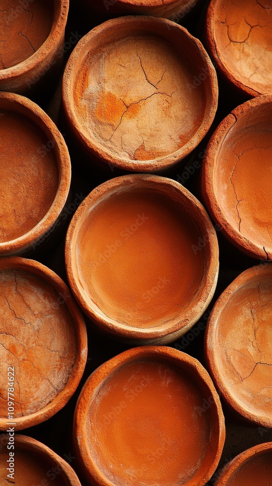 Poster a close-up of rustic terracotta pots displaying intricate textures and earthy colors, creating a war