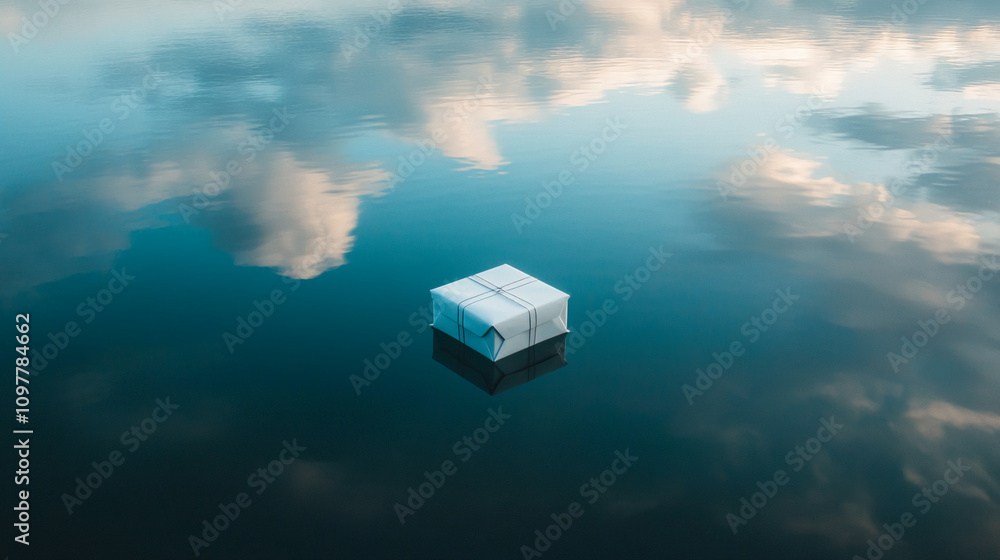 Poster mysterious box floating on calm water under cloudy sky at sunset