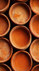 A close-up of rustic terracotta pots displaying intricate textures and earthy colors, creating a warm, natural ambiance.
