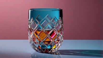 Create a 3D render of a high-gloss, transparent glass object with intricate refractions, set against a bold