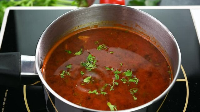 Preparing rasam indian spicy dish.