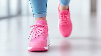 Pink athletic shoes on a person walking indoors