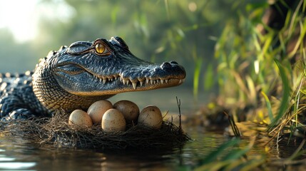 Obraz premium A crocodile guarding her buried eggs on a riverbank