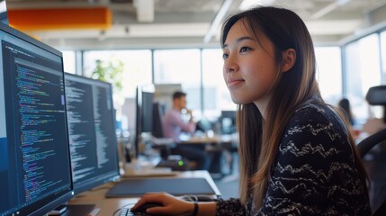 Focused Woman Coding in Modern Office Environment with Monitors