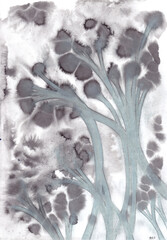 watercolor ink art, abstract trees, black and white illustration