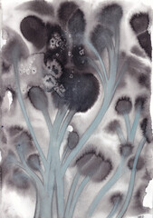 watercolor ink art, abstract trees, black and white illustration