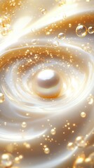 Obraz premium A luminous pearl nestled in shimmering golden liquid, surrounded by delicate bubbles and soft light reflections.