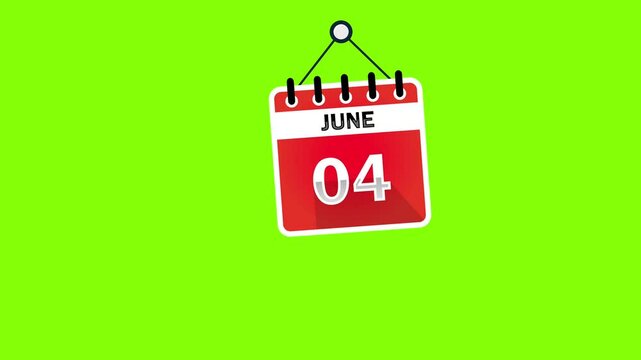 June 04 Calendar Sign on green screen background, chroma key. Calendar Pendulu Animation - June 04. 4k graphic motion