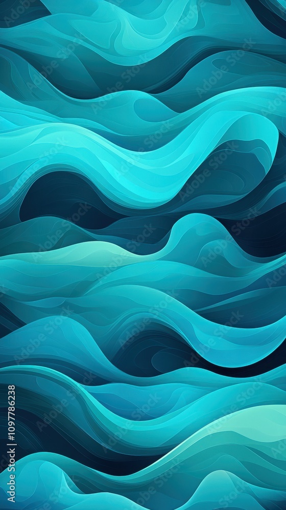 Poster a serene abstract background featuring flowing waves in varying shades of blue and teal, creating a 