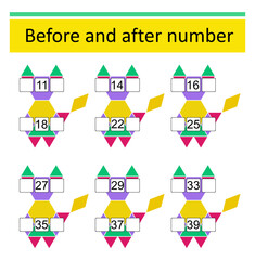 Fototapeta premium What comes Before and After. Math worksheets for kids. Number range up to 40.