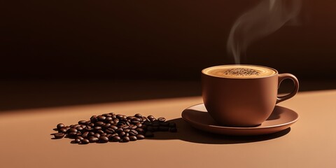 Coffee cup with latte art on wooden table	
