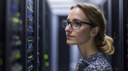 Female Specialist in Cloud Computing Among Server Racks