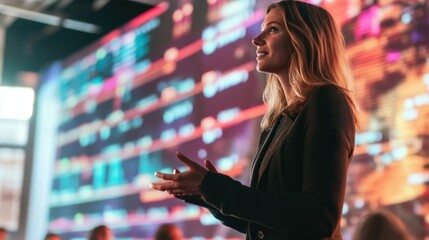 Fototapeta premium Confident Woman Delivering Keynote Speech at a Professional Event