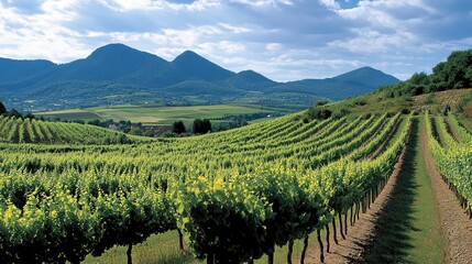 Fototapeta premium Lush vineyard rows with scenic mountain backdrop