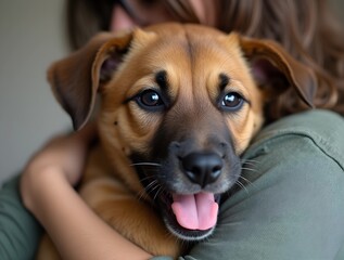 Girl hugging cute puppy. Concept of love, care, pet care, dog vaccination adoption concept